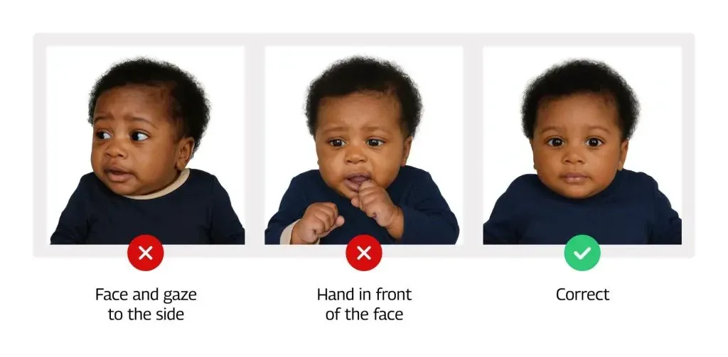 Correct and incorrect child passport-style photo examples
